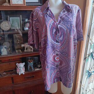 XL Vintage Blouse 1970's Donna Lee Button-Up Shirt Purple Red Paisley Geometric